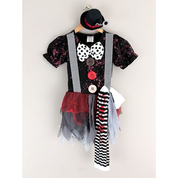 Killer Clown Spirit Halloween Dress Hat Tights Girls Size Small 4-6